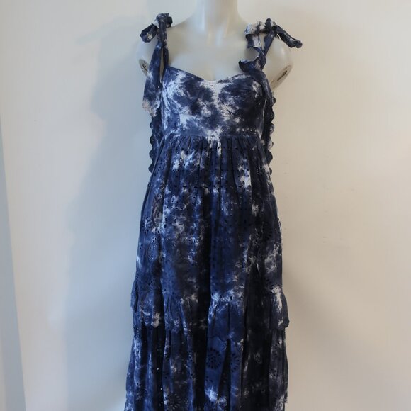 LoveShackFancy Dresses & Skirts - Womens LoveShackFancy Navy Blue White Tie Dye Eyelet Shoulder Ties Midi Dress 0